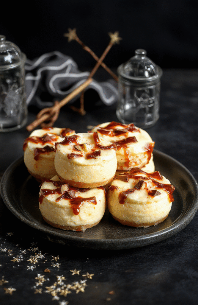 A creamy cheesecake topped with golden caramel and whipped cream in a clear plastic cup, garnished with a drizzle of caramel and a tiny edible gold star, set on a dark wooden table with a wizarding book blurred in the background, with warm ambient lighting highlighting the rich textures and vibrant colors.