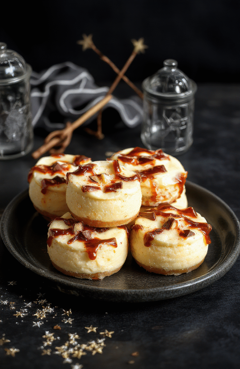 A creamy cheesecake topped with golden caramel and whipped cream in a clear plastic cup, garnished with a drizzle of caramel and a tiny edible gold star, set on a dark wooden table with a wizarding book blurred in the background, with warm ambient lighting highlighting the rich textures and vibrant colors.