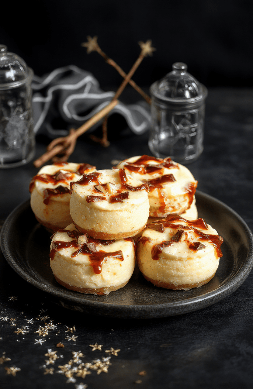 A creamy cheesecake topped with golden caramel and whipped cream in a clear plastic cup, garnished with a drizzle of caramel and a tiny edible gold star, set on a dark wooden table with a wizarding book blurred in the background, with warm ambient lighting highlighting the rich textures and vibrant colors.