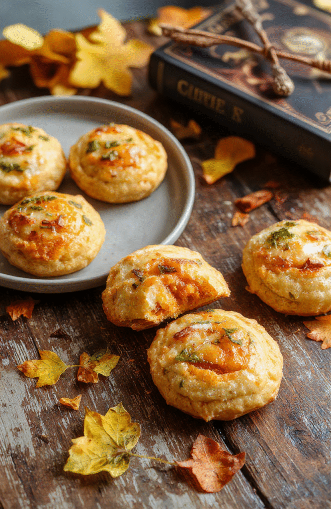 A golden-brown pumpkin pasty with a flaky, crispy crust, filled with vibrant orange pumpkin filling visible through a small slit, presented on a rustic wooden board with autumn leaves scattered around, styled with a simple parchment paper accent for a cozy, magical picnic vibe.