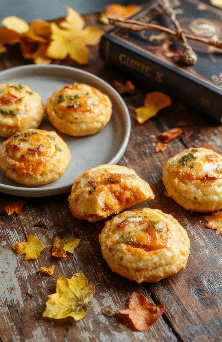 A golden-brown pumpkin pasty with a flaky, crispy crust, filled with vibrant orange pumpkin filling visible through a small slit, presented on a rustic wooden board with autumn leaves scattered around, styled with a simple parchment paper accent for a cozy, magical picnic vibe.