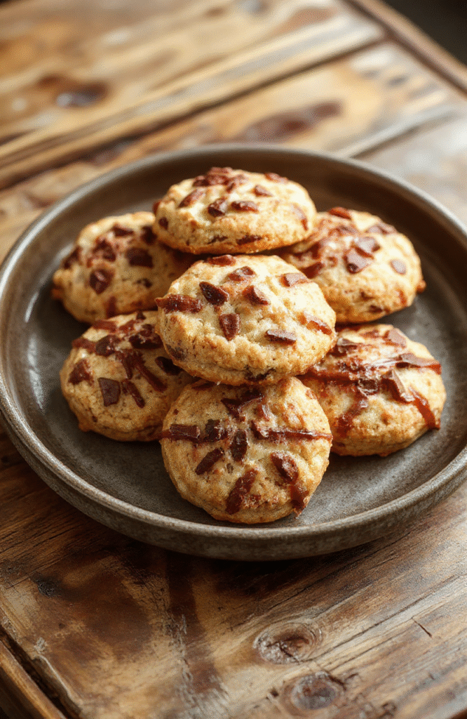 A plate of golden-brown Harry Potter Spellbound Tea Biscuits arranged on a rustic wooden table, garnished with a sprinkle of powdered sugar and a sprig of fresh thyme, with a vintage tea set in the background showcasing a cozy, magical atmosphere. The biscuits have a flaky, crumbly texture and a slight shimmer, styled with whimsical, mystical elements inspired by the Harry Potter universe.