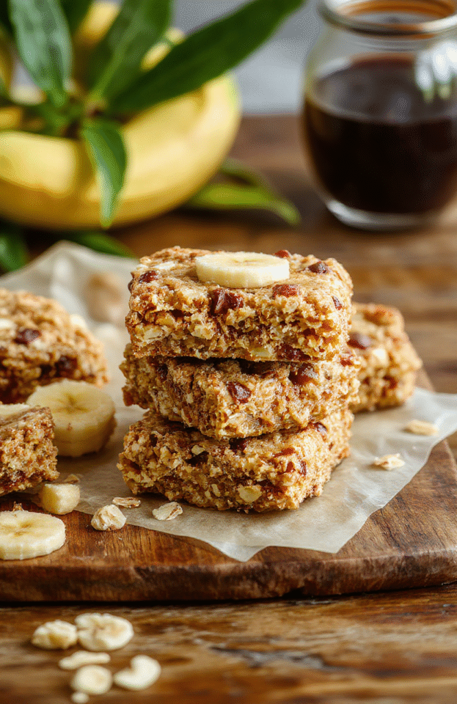 Colorful banana oatmeal bars arranged on a rustic wooden platter, showcasing golden edges and a moist, oat-filled interior topped with sliced bananas and a drizzle of honey. The scene includes fresh bananas and oats scattered around, styled with soft natural lighting to emphasize the textures and inviting colors.