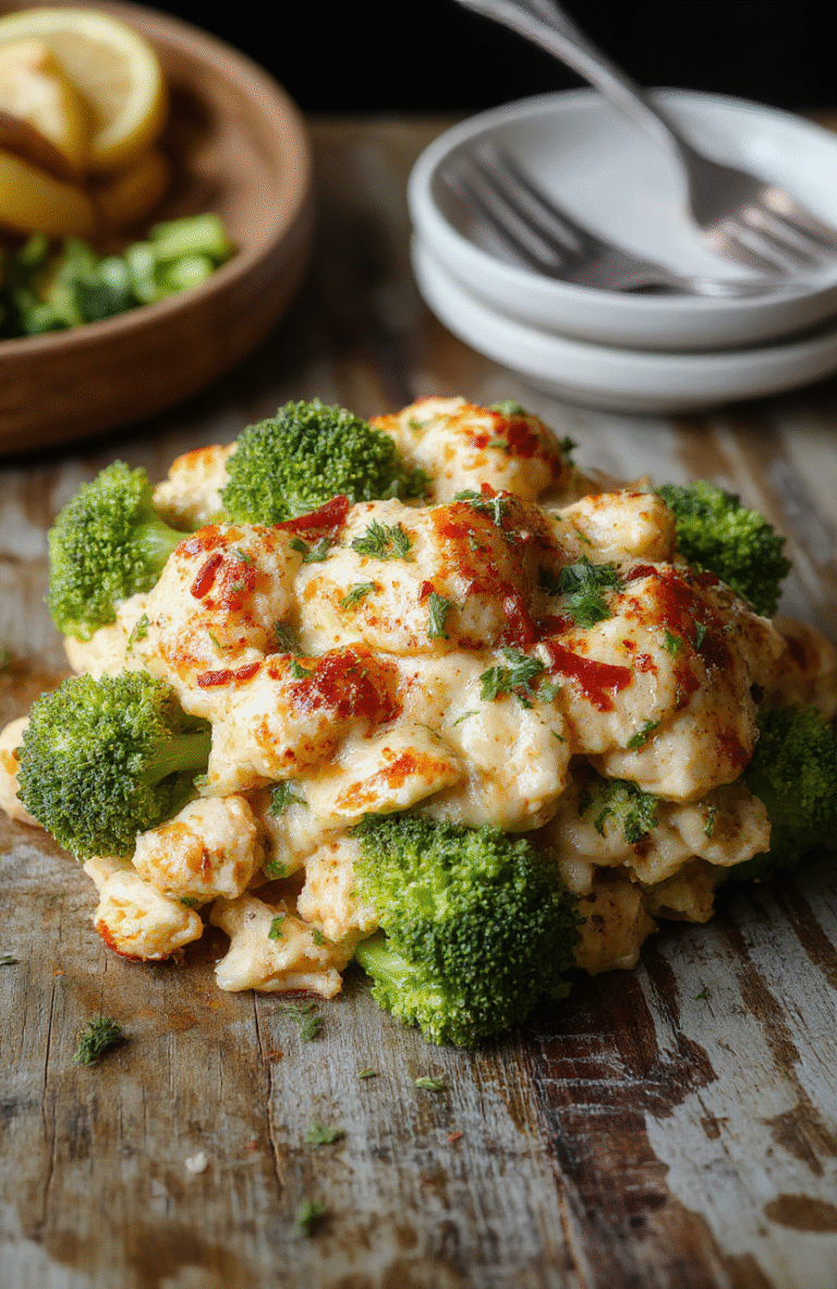 A colorful broccoli chicken casserole in a white baking dish, topped with melted cheese and fresh parsley, with vibrant green broccoli and tender chicken pieces visible, styled on a rustic wooden table with natural daylight, looking warm and appetizing.