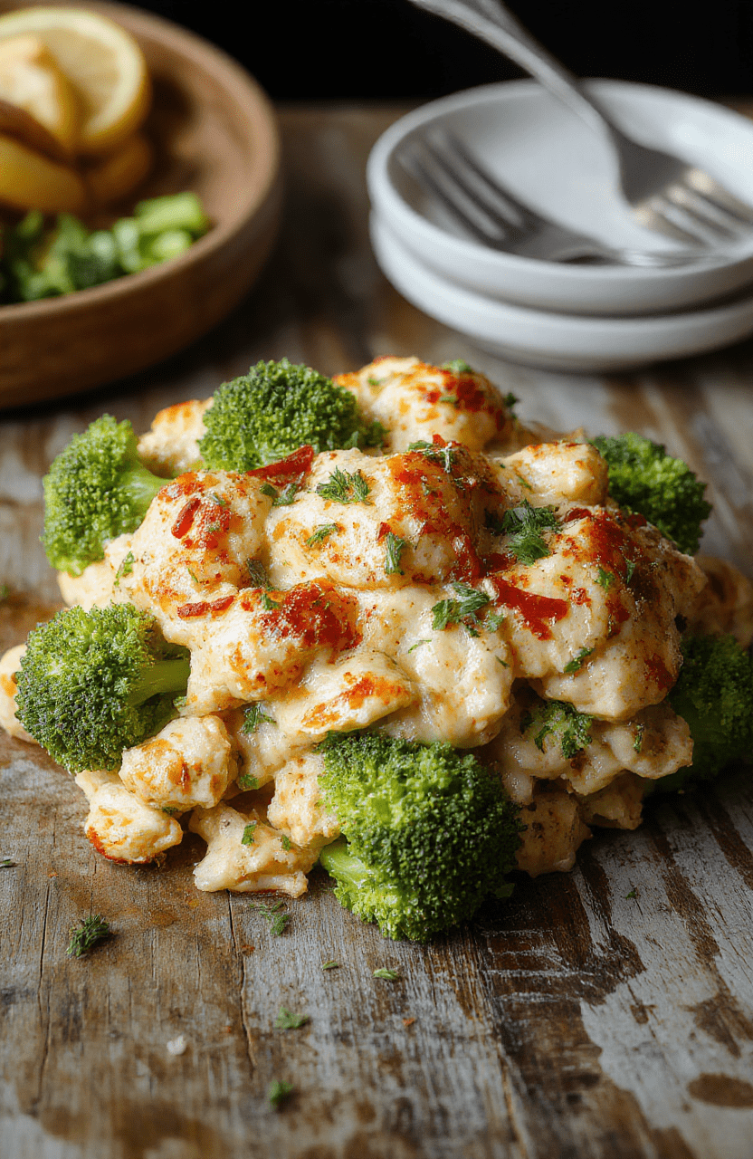 A colorful broccoli chicken casserole in a white baking dish, topped with melted cheese and fresh parsley, with vibrant green broccoli and tender chicken pieces visible, styled on a rustic wooden table with natural daylight, looking warm and appetizing.