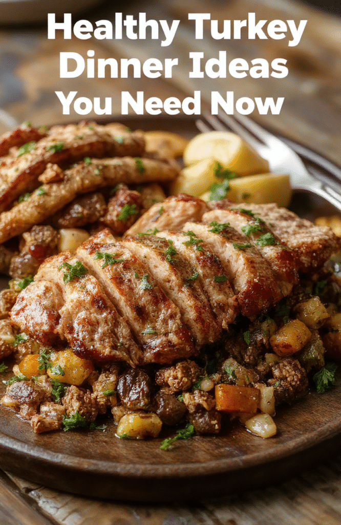 A vibrant plate featuring cooked ground turkey mixed with colorful vegetables like bell peppers, spinach, and cherry tomatoes, garnished with fresh herbs on a rustic wooden table, showcasing textures from tender meat to crisp veggies, styled simply for a wholesome look.