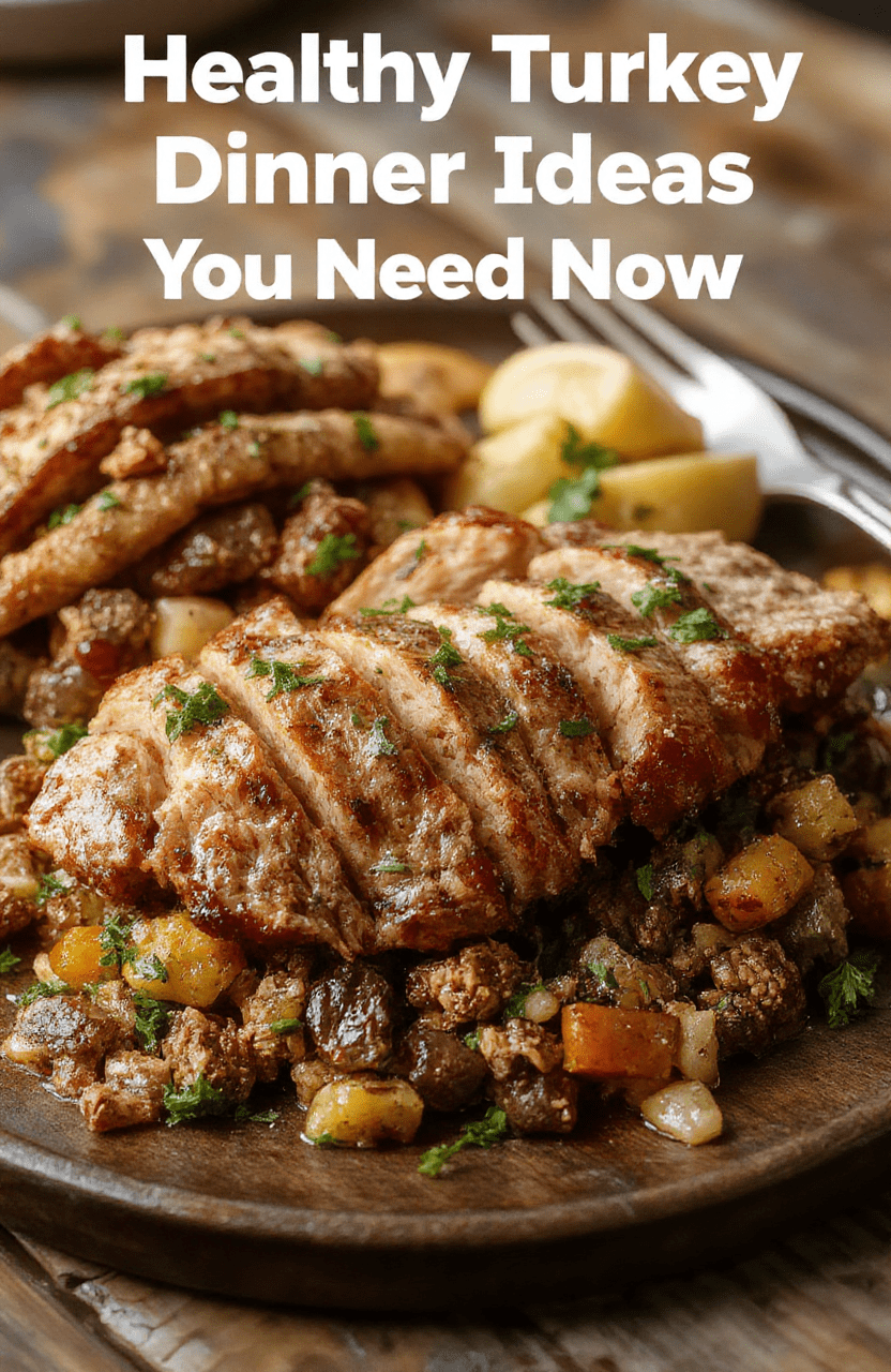 A vibrant plate featuring cooked ground turkey mixed with colorful vegetables like bell peppers, spinach, and cherry tomatoes, garnished with fresh herbs on a rustic wooden table, showcasing textures from tender meat to crisp veggies, styled simply for a wholesome look.