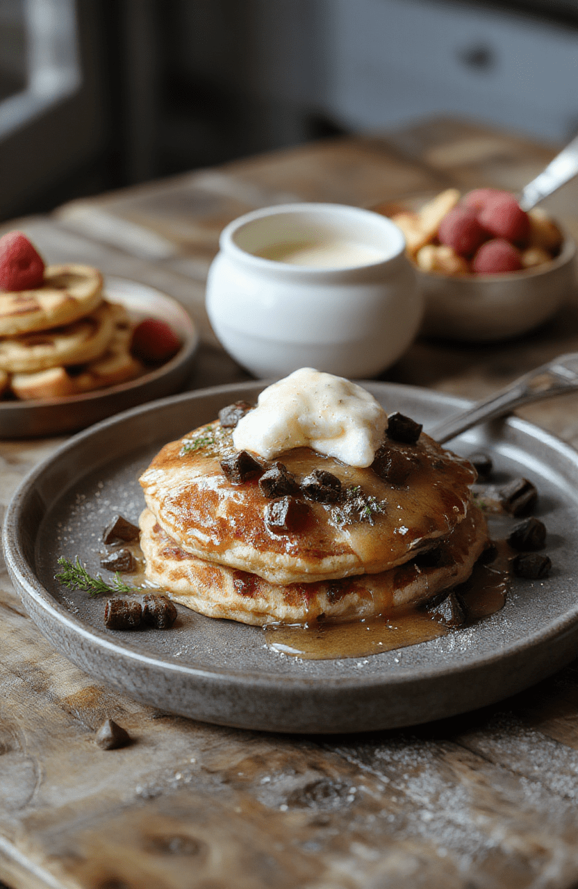 A stack of fluffy, golden pancakes topped with fresh berries, drizzled with maple syrup, served on a rustic white plate, with a sprig of mint, set on a wooden table with natural sunlight highlighting the textures and vibrant colors.