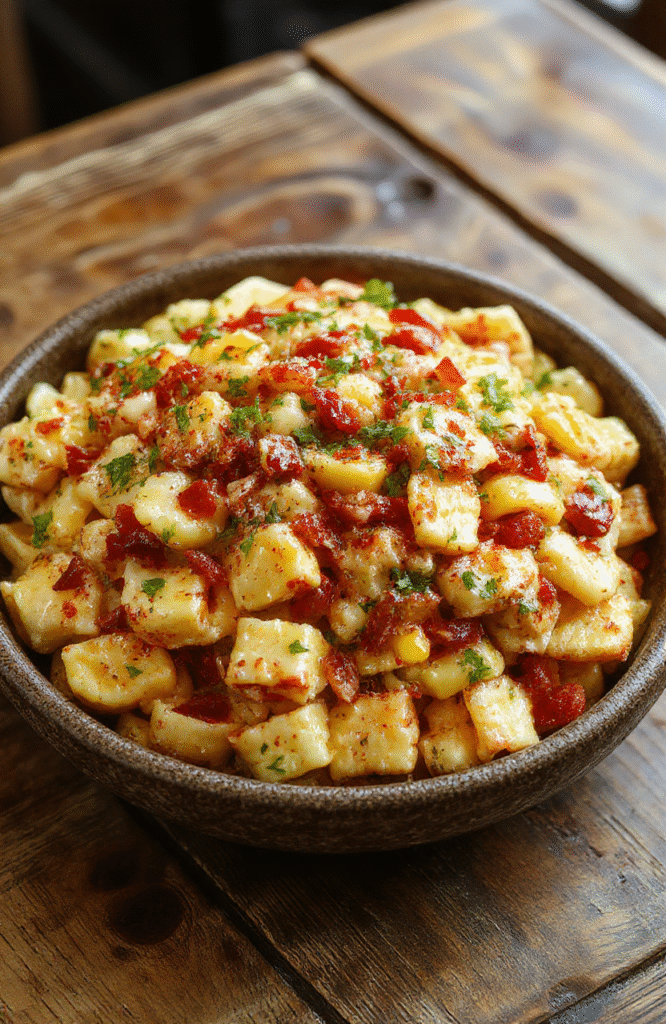 vibrant bowl of street corn pasta salad featuring yellow corn kernels, cherry tomatoes, chopped cilantro, and shredded cheese on a white plate, garnished with lime wedges and fresh herbs, colorful ingredients contrasting with a rustic wooden table background
