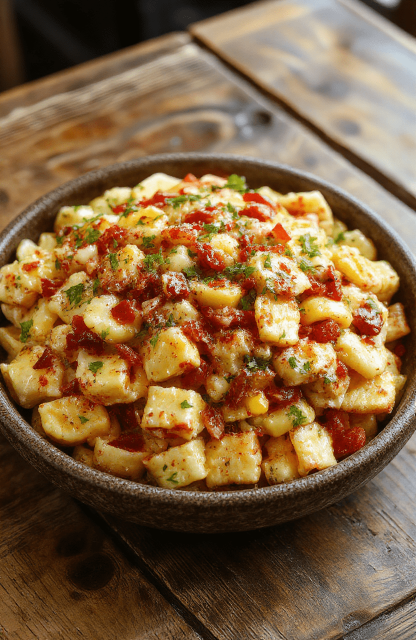 vibrant bowl of street corn pasta salad featuring yellow corn kernels, cherry tomatoes, chopped cilantro, and shredded cheese on a white plate, garnished with lime wedges and fresh herbs, colorful ingredients contrasting with a rustic wooden table background