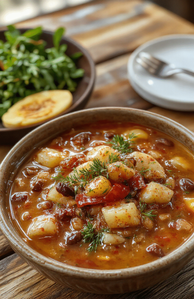 A warm, rustic bowl of hearty lentil and potato soup garnished with fresh herbs, served on a dark wooden surface with a textured cloth, showcasing vibrant orange and earthy brown tones, with steam rising to emphasize freshness and comfort