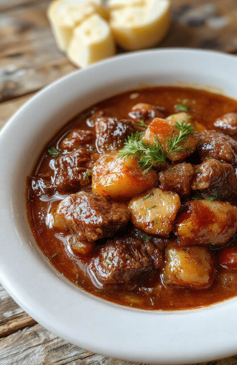A rustic bowl filled with chunky, tender beef pieces, carrots, potatoes, and onions immersed in rich brown gravy, garnished with fresh herbs, set on a wooden table with a cozy background.