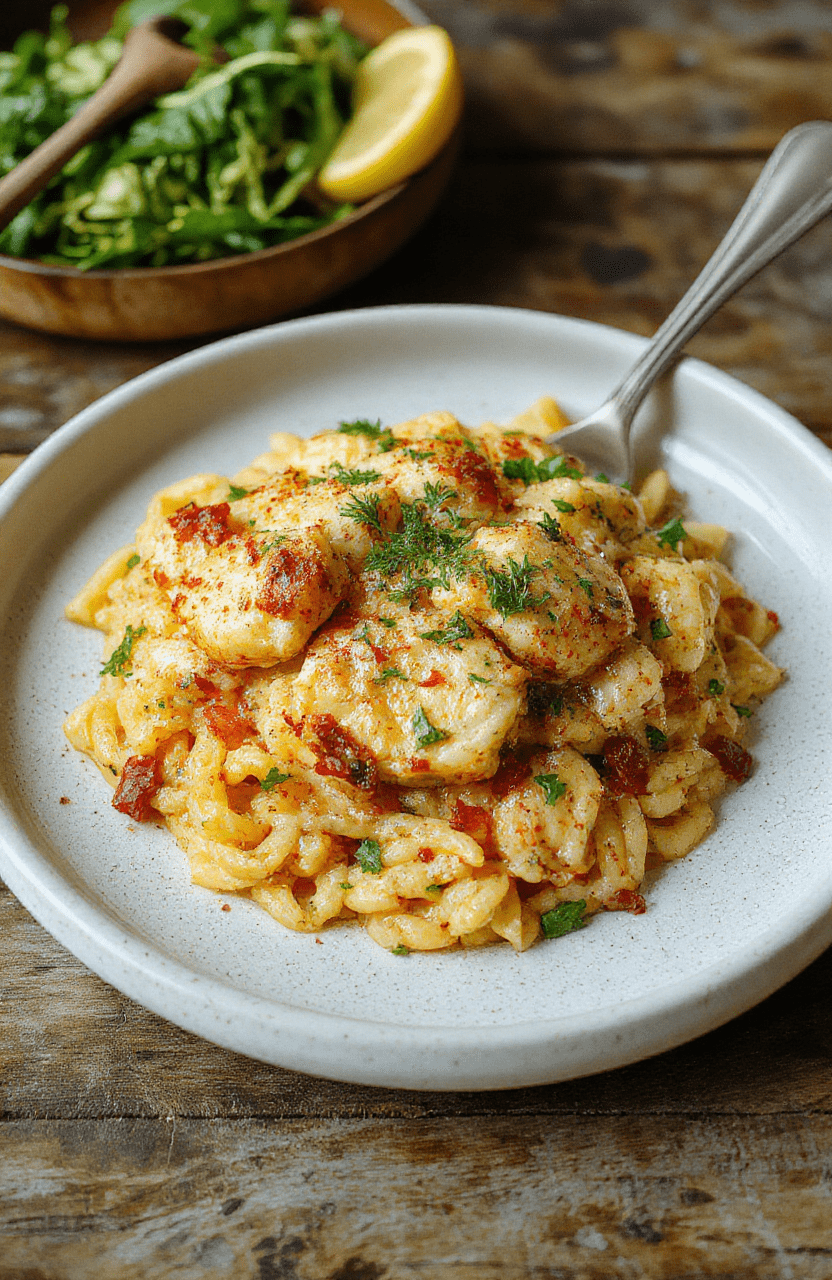 Colorful chicken orzo served on a white plate, garnished with fresh herbs, showing tender chicken pieces, al dente orzo, vibrant vegetables, and a drizzle of olive oil, styled simply on a rustic wooden table.