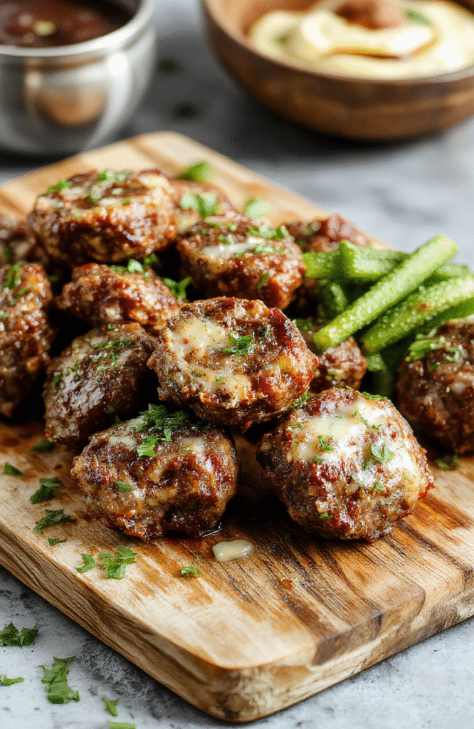 A close-up of succulent beef bites glazed in garlic butter sauce, arranged on a rustic wooden platter with fresh herbs and lemon slices, showcasing glossy caramelized edges and tender textures, styled minimally to emphasize the dish's richness and enticing aroma.