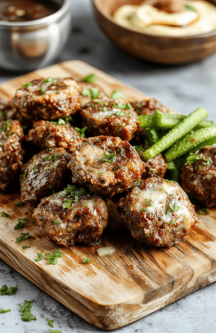 A close-up of succulent beef bites glazed in garlic butter sauce, arranged on a rustic wooden platter with fresh herbs and lemon slices, showcasing glossy caramelized edges and tender textures, styled minimally to emphasize the dish's richness and enticing aroma.