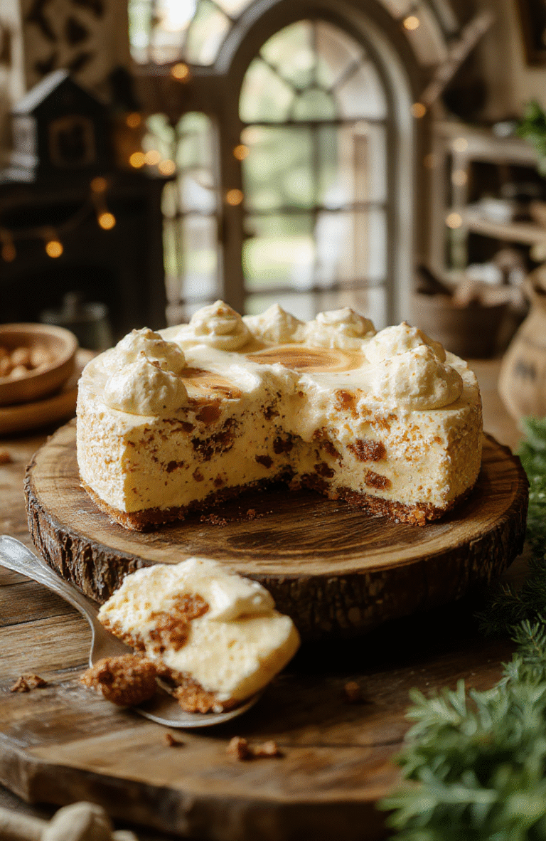 A slice of Hogwarts Houses Butterbeer Swirl Cheesecake on a rustic wooden plate, topped with whipped cream and caramel drizzle, with vibrant golden butterbeer swirls and colorful house-themed sprinkles, styled with a whimsical magical background and soft natural lighting.