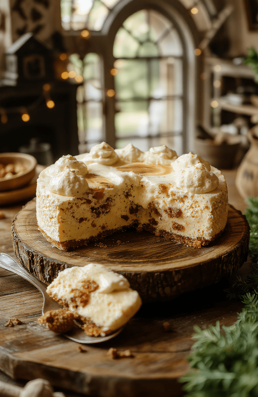 A slice of Hogwarts Houses Butterbeer Swirl Cheesecake on a rustic wooden plate, topped with whipped cream and caramel drizzle, with vibrant golden butterbeer swirls and colorful house-themed sprinkles, styled with a whimsical magical background and soft natural lighting.