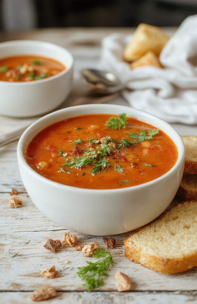 A bowl of vibrant red tomato soup garnished with fresh basil leaves, served on a rustic wooden table with a drizzle of cream, flaky bread slices and a silver spoon, soft natural lighting highlighting the smooth texture and rich color of the soup.