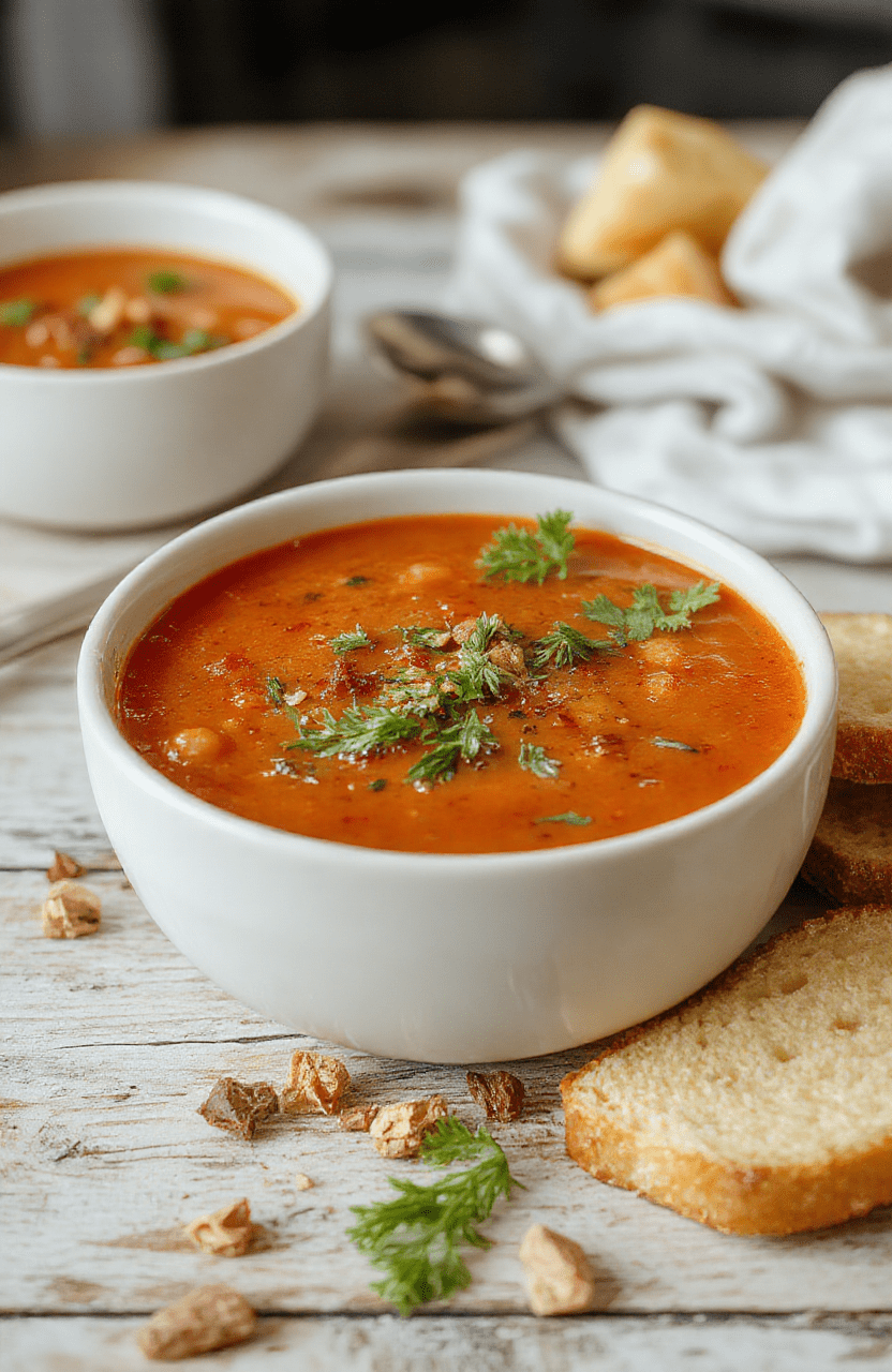 A bowl of vibrant red tomato soup garnished with fresh basil leaves, served on a rustic wooden table with a drizzle of cream, flaky bread slices and a silver spoon, soft natural lighting highlighting the smooth texture and rich color of the soup.