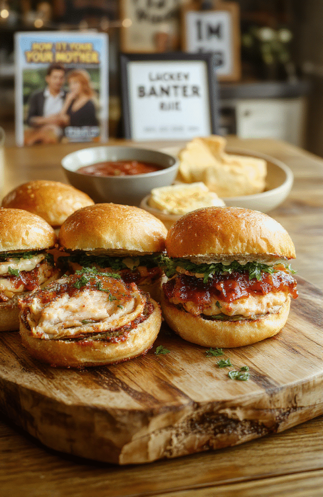 Colorful turkey sliders on a rustic wooden platter with fresh lettuce, cherry tomatoes, and a side of crispy chips, styled with modern plating and natural lighting.