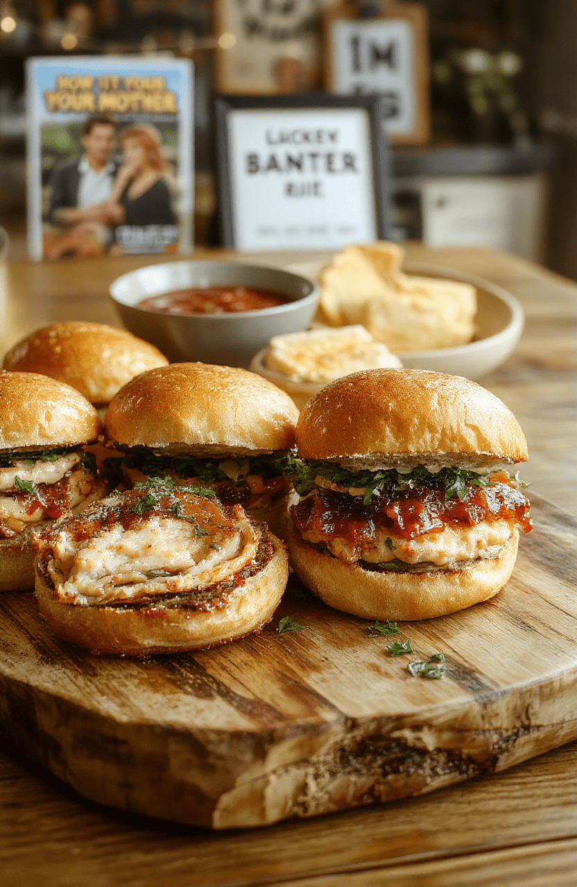 Colorful turkey sliders on a rustic wooden platter with fresh lettuce, cherry tomatoes, and a side of crispy chips, styled with modern plating and natural lighting.