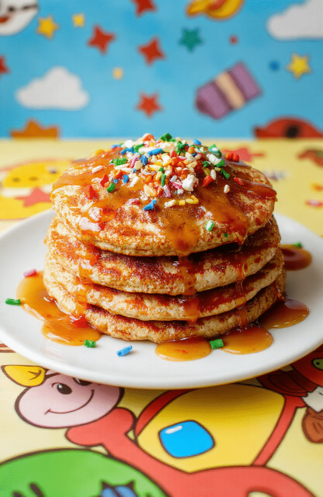 Colorful stack of fluffy pancakes with vibrant syrup drizzles, topped with animated themed sprinkles, served on a playful cartoon-style plate, with a backdrop featuring animated characters and vibrant pastel colors.