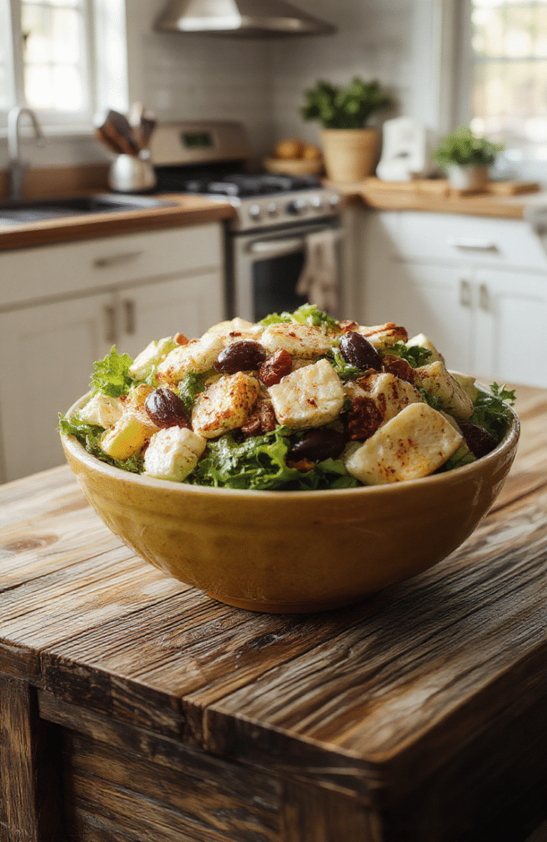 Colorful Hulu Spotlight Salad Bowl arranged artfully on a rustic wooden table, featuring fresh greens, cherry tomatoes, sliced avocado, and crunchy croutons. The vibrant ingredients are complemented by a drizzle of vinaigrette, styled with cinematic props and soft natural daylight lighting that highlights the textures and colors.