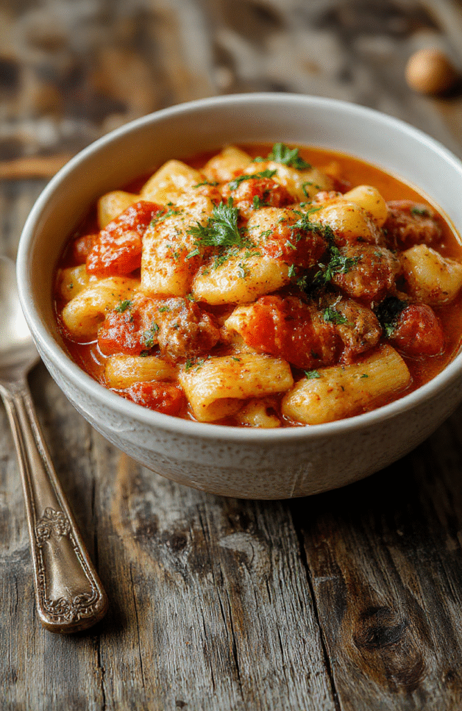 A vibrant bowl of Pasta Fagioli soup featuring tender beans, short pasta, and leafy greens in a rustic ceramic bowl, garnished with fresh herbs, set on a wooden table with a warm background.