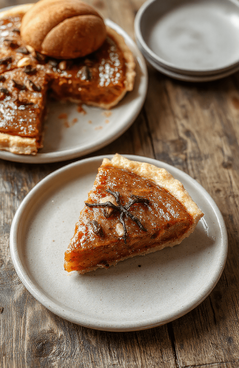 A beautifully crafted Nightmare Pumpkin Pie inspired by Jack Skellington, featuring a dark chocolate crust and a pumpkin filling topped with spooky icing and edible decorations, styled to resemble a spooky character with intricate detailing, placed on a rustic wooden table.