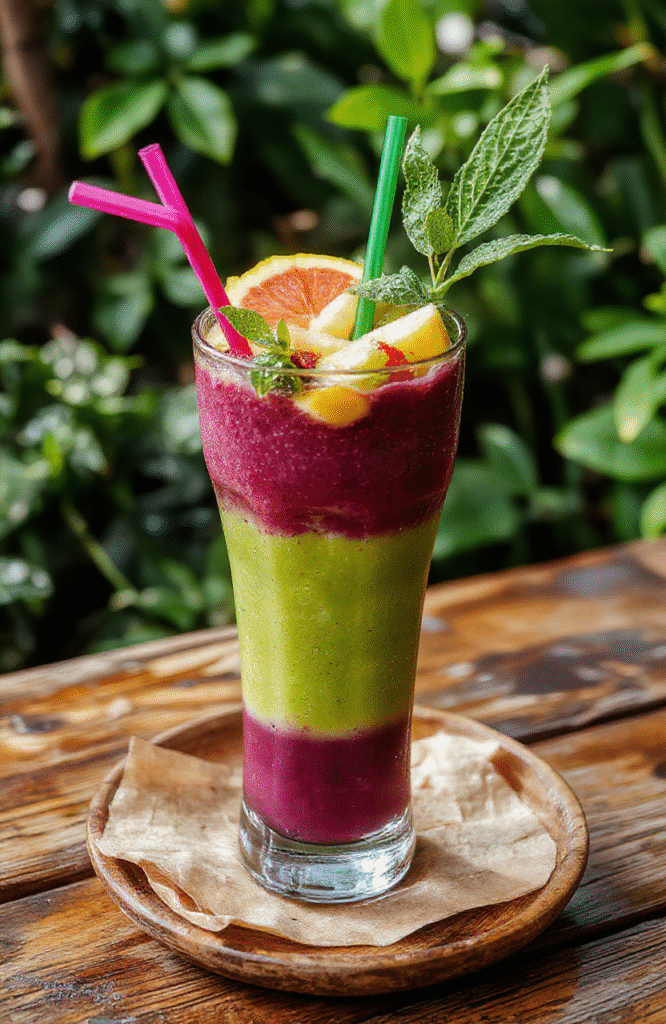 A vibrant green and purple layered tropical mocktail served in a tall glass with fresh fruit garnishes, colorful straws, and tropical leaves on a rustic wooden table, evoking an adventurous jungle scene with lush greenery in the background.