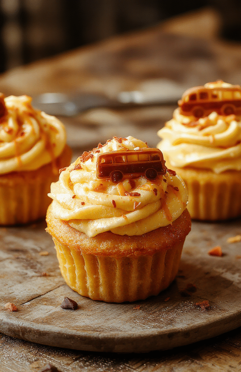 Colorful cupcakes topped with butterscotch frosting, whimsical swirl designs, set on a rustic wooden table with Harry Potter-themed decorations, vibrant and inviting textures.
