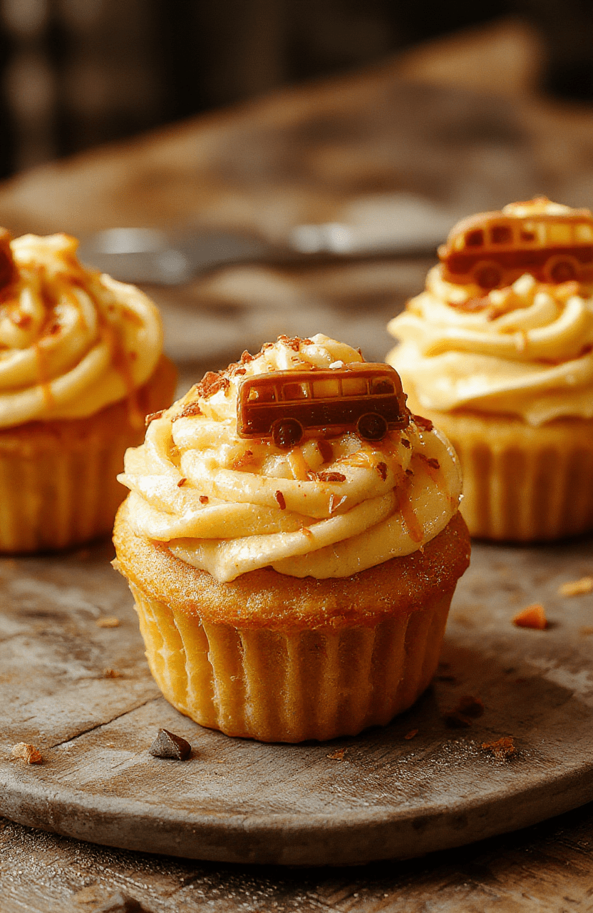 Colorful cupcakes topped with butterscotch frosting, whimsical swirl designs, set on a rustic wooden table with Harry Potter-themed decorations, vibrant and inviting textures.