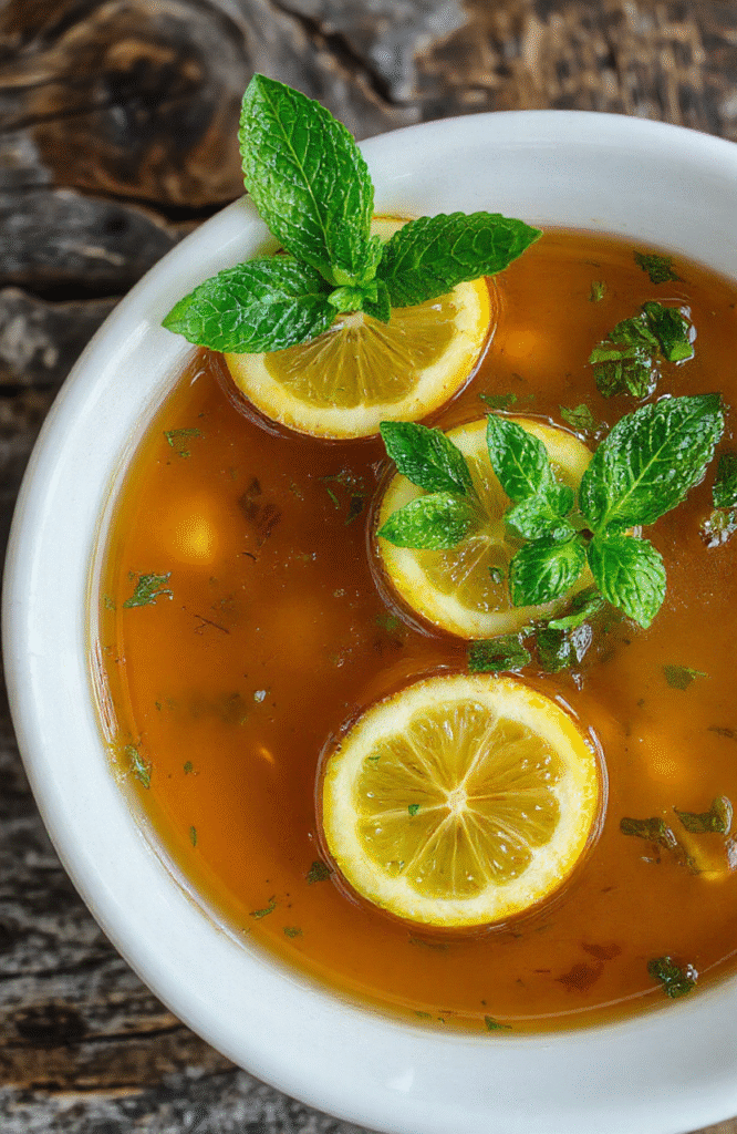 A vibrant and comforting herbal tea in a rustic cup, garnished with fresh mint leaves and a slice of lemon, set on a wooden table with African patterned cloth in the background, warm natural lighting creates inviting shadows and highlights the rich amber color of the tea.