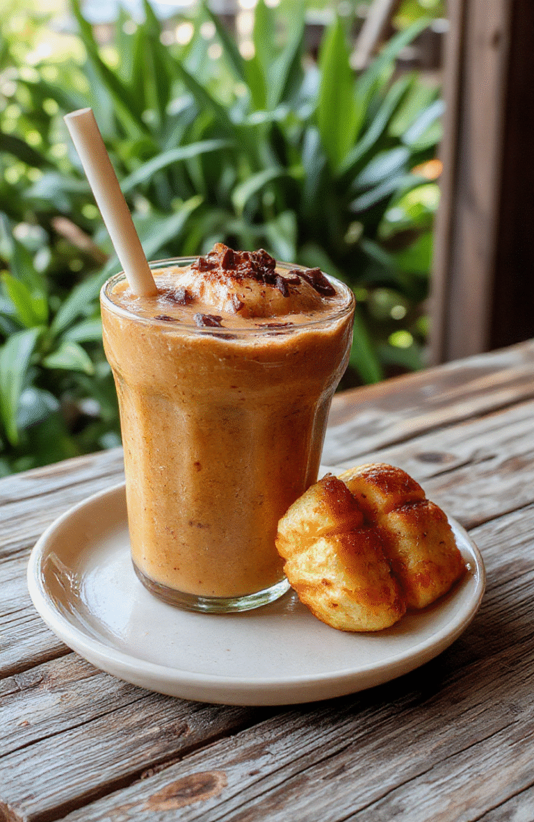 A vibrant sunrise-colored smoothie in a clear glass, topped with fresh fruit slices and a whimsical lion-shaped garnish, resting on a rustic wooden table with soft natural light illuminating the bright, cheerful palette.