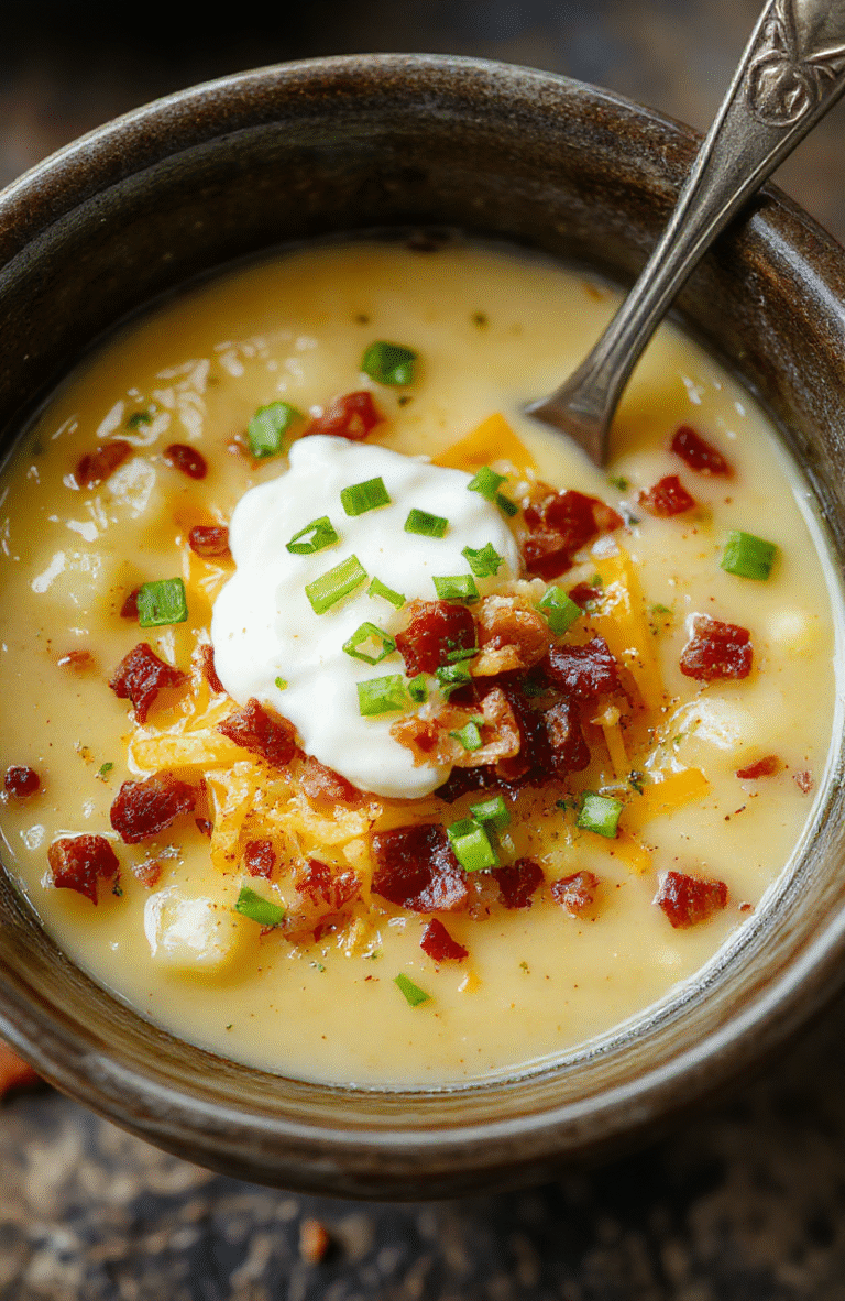A rich and creamy loaded potato soup in a rustic crockpot bowl, topped with shredded cheese, chopped bacon, green onions, and sour cream, with a crispy golden crust of baked potato skins on the side, vibrant green onions add a fresh touch, styled on a wooden table with natural light highlighting the textures and colors.