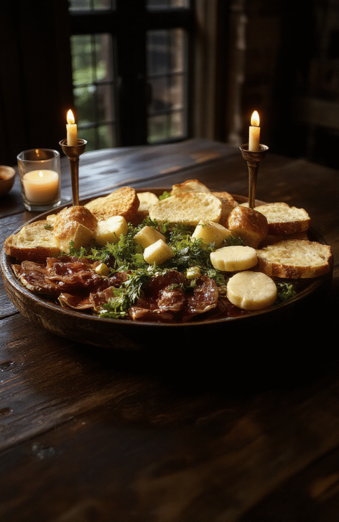 A vibrant Gondor feast platter featuring roasted meats, hearty bread, fresh vegetables, and colorful cheeses, arranged on a dark wooden table with medieval-style tableware, illuminated by warm candlelight, evoking a majestic medieval banquet from Middle-earth