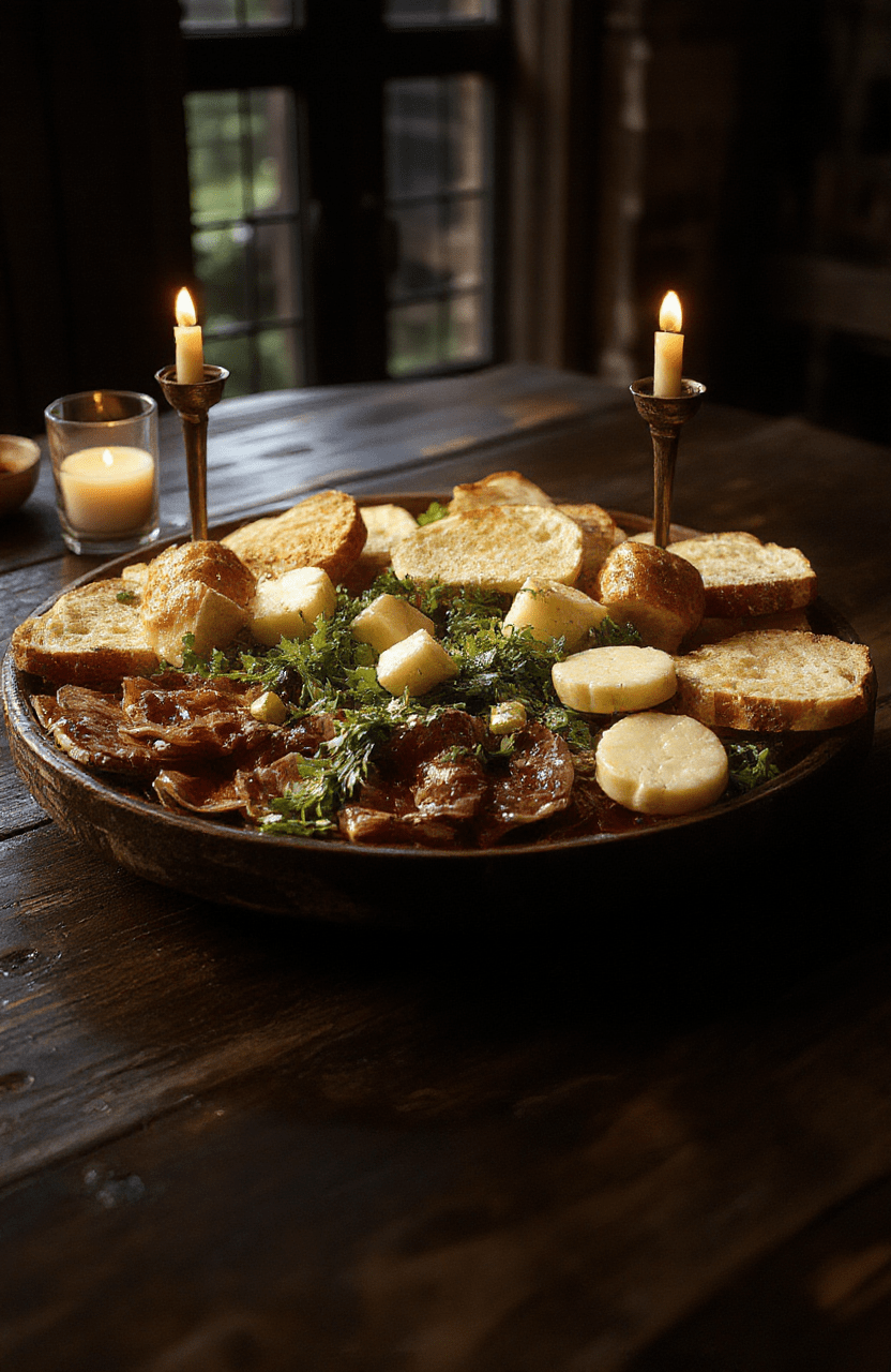 A vibrant Gondor feast platter featuring roasted meats, hearty bread, fresh vegetables, and colorful cheeses, arranged on a dark wooden table with medieval-style tableware, illuminated by warm candlelight, evoking a majestic medieval banquet from Middle-earth