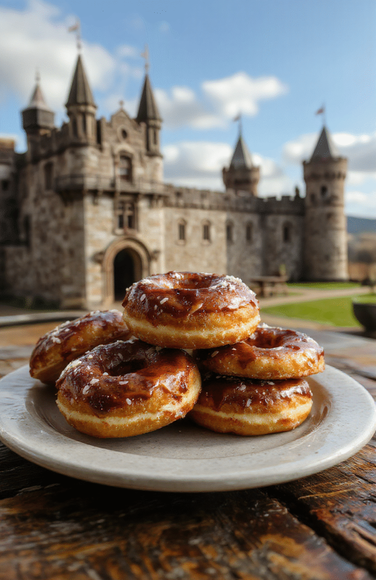 Bright golden Ring of Power donuts on a rustic wooden plate, adorned with shimmering edible gold dust, set against a dark, medieval-inspired background with flickering candlelight, showcasing a whimsical fantasy presentation with intricate detailing.