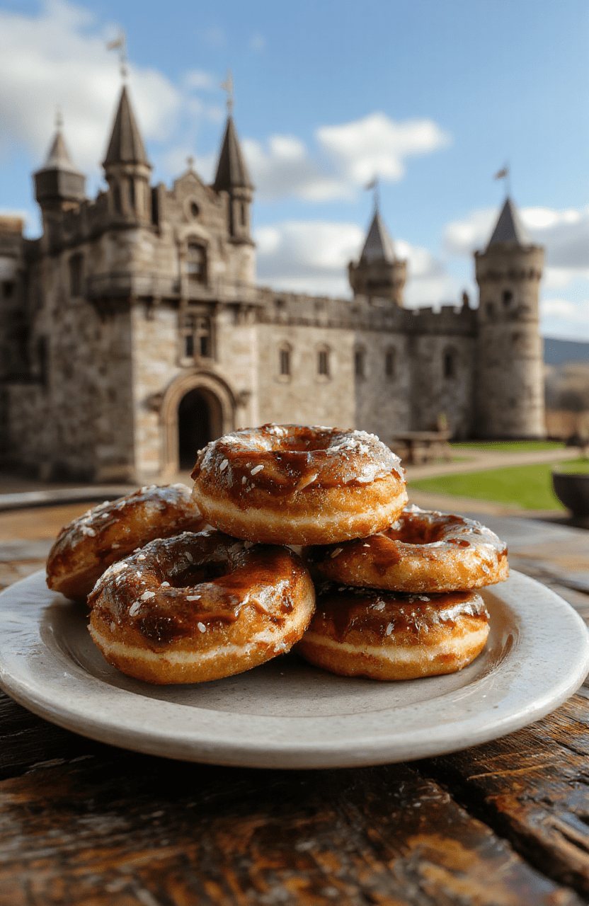 Bright golden Ring of Power donuts on a rustic wooden plate, adorned with shimmering edible gold dust, set against a dark, medieval-inspired background with flickering candlelight, showcasing a whimsical fantasy presentation with intricate detailing.