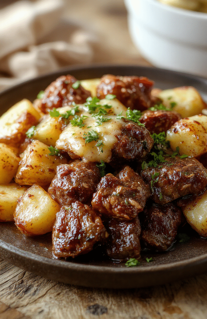 A rustic plate featuring tender garlic butter beef bites glazed with rich sauce, surrounded by crispy roasted potatoes, garnished with fresh herbs, styled on a wooden surface.