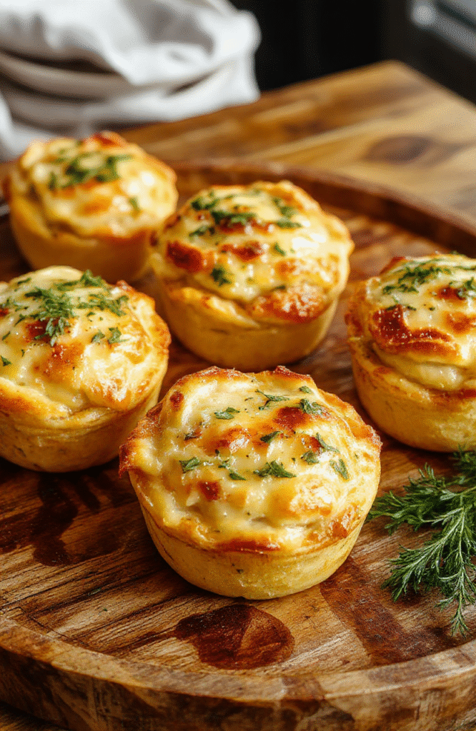 Colorful mini chicken pot pies arranged on a rustic wooden plate, golden crust with flaky textures, filled with creamy chicken and vegetable filling, garnished with fresh herbs, styled simply for inviting comfort food appeal.