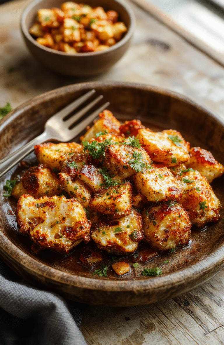 A vibrant roasted cauliflower dish topped with a glossy tahini-honey drizzle, garnished with fresh herbs, served on a rustic wooden plate against a light neutral background featuring colorful spices and a drizzle of tahini-honey sauce.