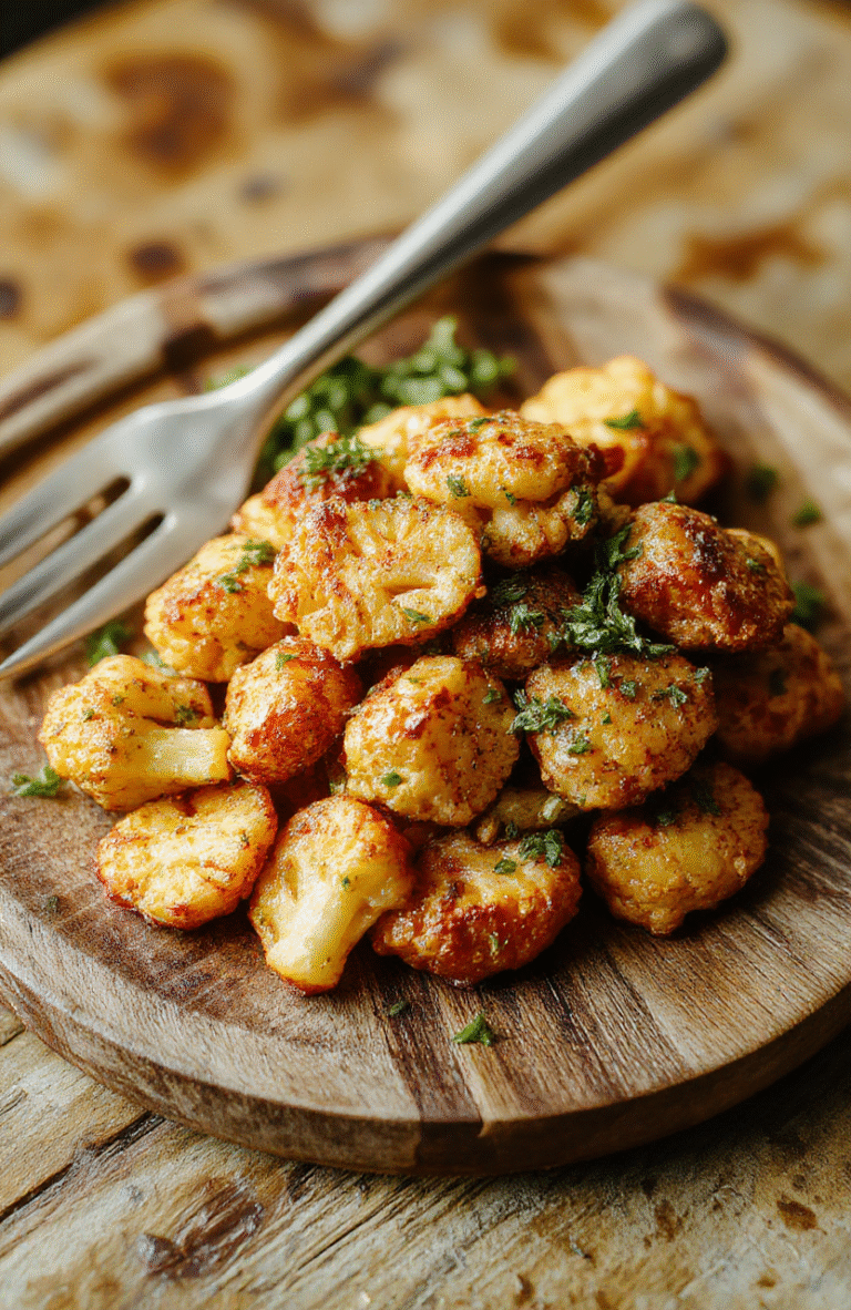 A vibrant roasted cauliflower dish topped with a glossy tahini-honey drizzle, garnished with fresh herbs, served on a rustic wooden plate against a light neutral background featuring colorful spices and a drizzle of tahini-honey sauce.