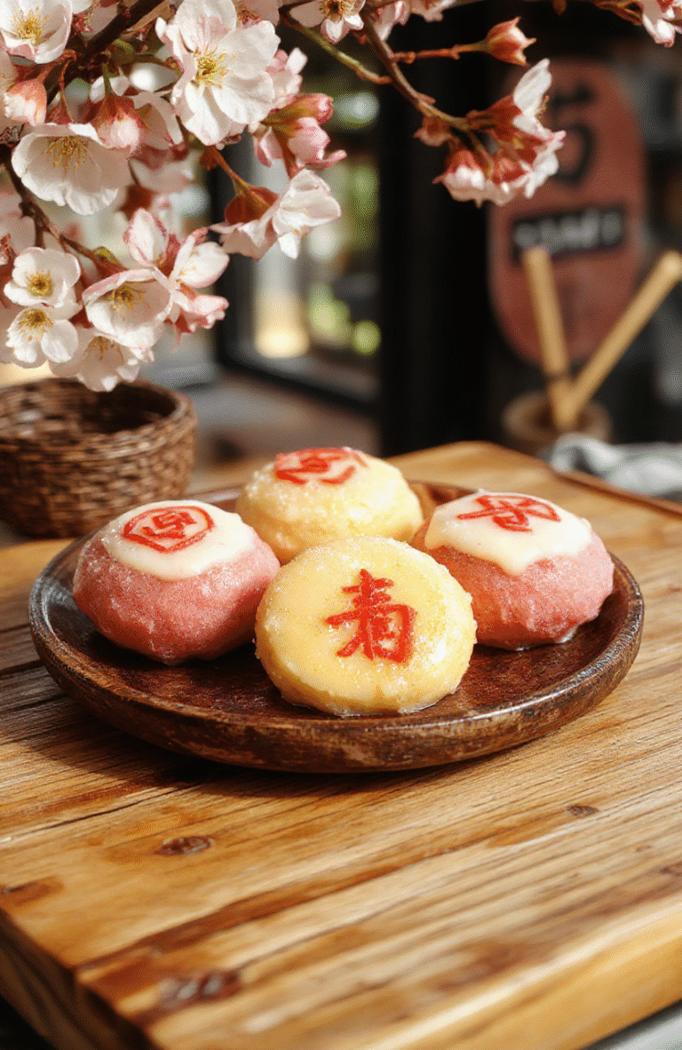 Colorful Naruto Ninja Energy Mochi arranged on a Japanese-style plate, featuring vibrant pastel hues of pink, blue, and green, with a smooth, chewy texture. The mochi are decorated with small edible details resembling ninja symbols and katanas, artfully plated with a background of traditional Japanese cherry blossoms. Soft natural light emphasizes the glossy surface and playful presentation.