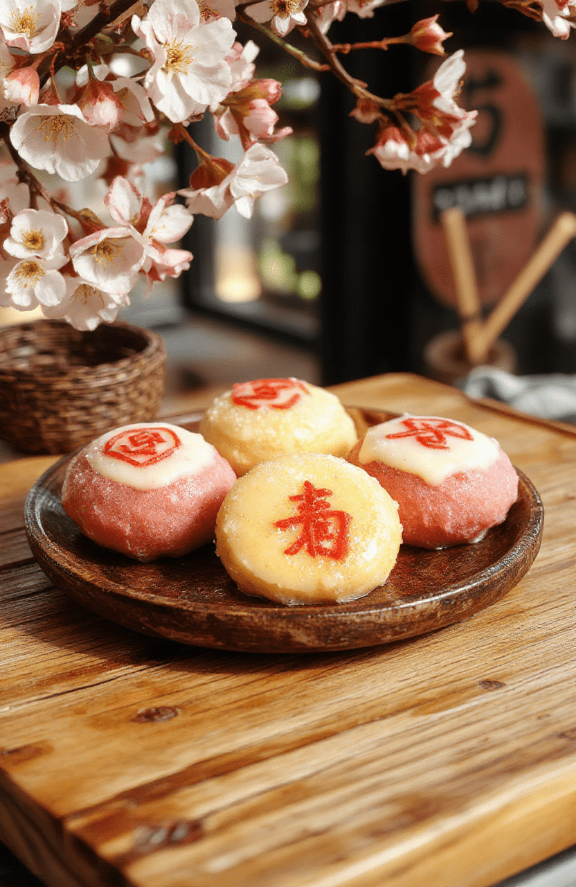 Colorful Naruto Ninja Energy Mochi arranged on a Japanese-style plate, featuring vibrant pastel hues of pink, blue, and green, with a smooth, chewy texture. The mochi are decorated with small edible details resembling ninja symbols and katanas, artfully plated with a background of traditional Japanese cherry blossoms. Soft natural light emphasizes the glossy surface and playful presentation.