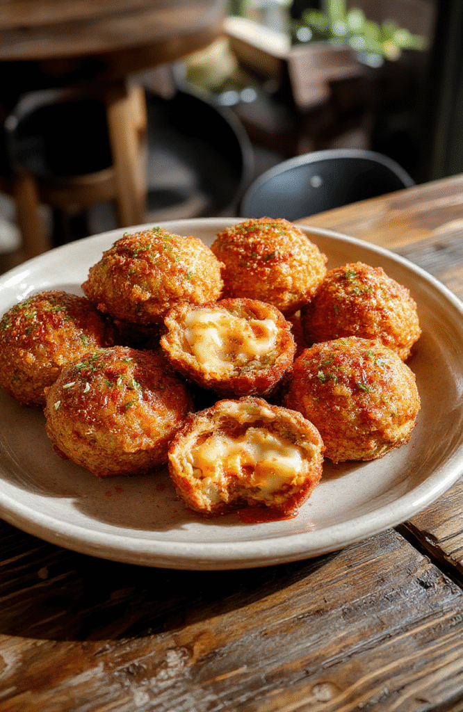 Colorful Naruto Ramen Bomb Croquettes arranged on a white plate, showing crispy golden exterior with hints of ramen noodles and green garnish, styled casually on a rustic wooden surface