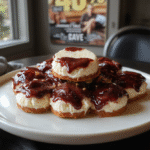 Close-up of golden-brown mini cheesecake bites arranged on a white plate, with a creamy filling visible and a drizzle of berry sauce on top, styled with fresh berries and mint leaves, textured surface with crumbs around.