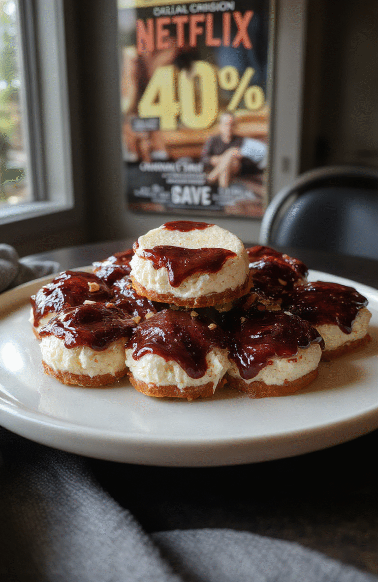 Close-up of golden-brown mini cheesecake bites arranged on a white plate, with a creamy filling visible and a drizzle of berry sauce on top, styled with fresh berries and mint leaves, textured surface with crumbs around.