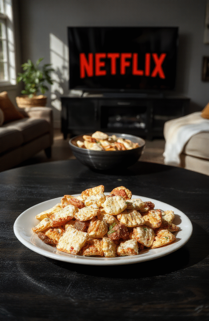 Colorful snack mix arranged in a clear bowl on a dark wooden table, featuring pretzels, popcorn, chocolate candies, and colorful cereal, styled with a cozy TV binge vibe with a Netflix logo in the background.