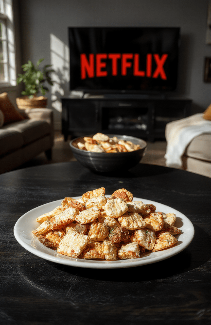 Colorful snack mix arranged in a clear bowl on a dark wooden table, featuring pretzels, popcorn, chocolate candies, and colorful cereal, styled with a cozy TV binge vibe with a Netflix logo in the background.